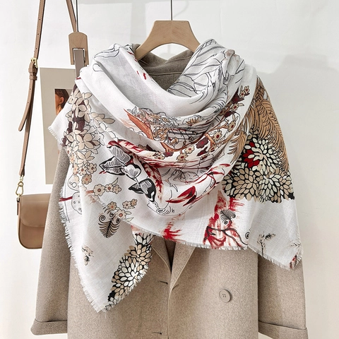 Damen Elegant Blumendruck Polyester Quadratisches Tuch Leicht Atmungsaktiv Schal Wrap Mit Fransenkante Für Den Alltag