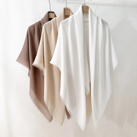 Women Solid Color Large Square Scarf Frayed Edge Tassel Shawl Polyester Sun Protection Elegant Artistic Neck Scarf Wraps
