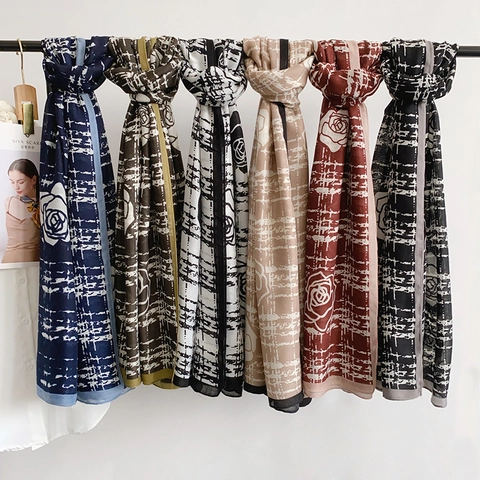 Dames Elegant Roos Print Sjaal Polyester Raster Patroon Omslagdoek Voor Herfst Winter Mode Accessoires Dagelijks Warm