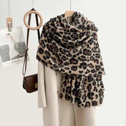 Women Leopard Print Imitation Cashmere Scarf Long Warm Winter Shawl Fringe Elegant Animal Pattern Polyester Neck Wrap