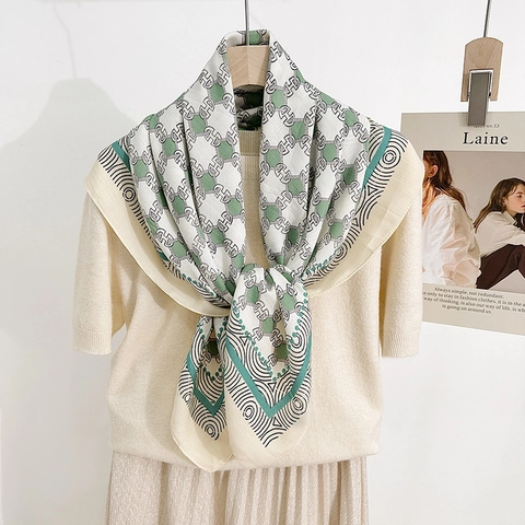 Carré de Soie Satin Élégant Vintage Imprimé Chaîne Géométrique Texture Chevrons Polyester Effet Soie Foulard de Bureau Femme