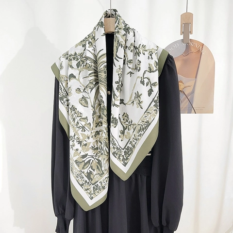 Dames Elegante Grote Vierkante Satijnen Sjaal Vintage Bloemenprint Shawl Mode Halssjaal Haar Wrap Hoofddoek Voor Dagelijks Kantoor Accessoire