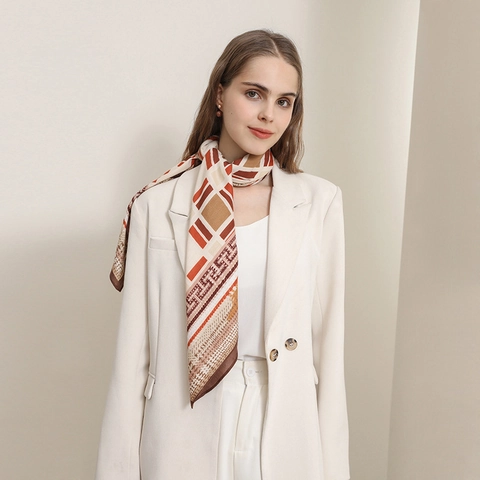 Elegante Geometrische Visgraat Patroon Satijn Vierkante Sjaal Contrast Kleur Bedrukte Halssjaal Mode Zijdeachtig Omslagdoek Voor Dames Kantoor