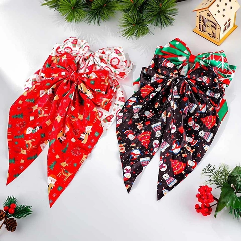 Weihnachten Große Schleife Haarklammer Mit Langen Bändern Satin Schneeflocke Rentier Weihnachtsmann Druck Haarnadeln Damen