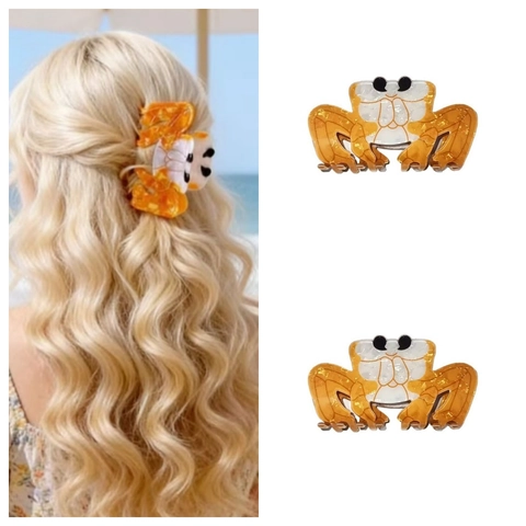 Grande Pinza per Capelli a Granchio in Acetato Forma di Animale Clip Squalo Donna Stile Resort Mare Trama Marmo Arancione