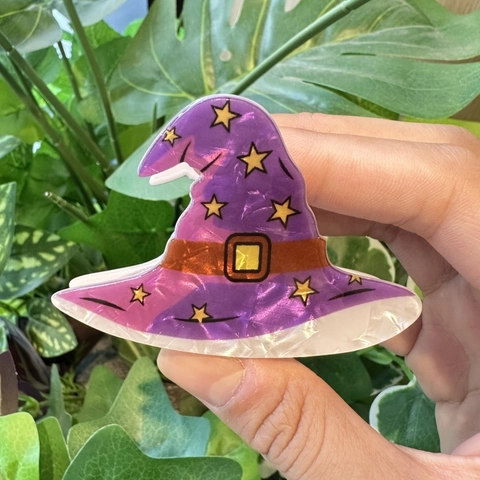 Pinza per Capelli a Forma di Cappello da Strega Viola in PVC Fatta a Mano con Stelle per Festa di Halloween Donna
