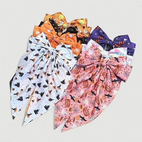 Halloween Large Bow Hair Clip Fabric Bat Ghost Pumpkin Spider Web Print Long Ribbon Spring Clip Festive Party Women Hair Accessories