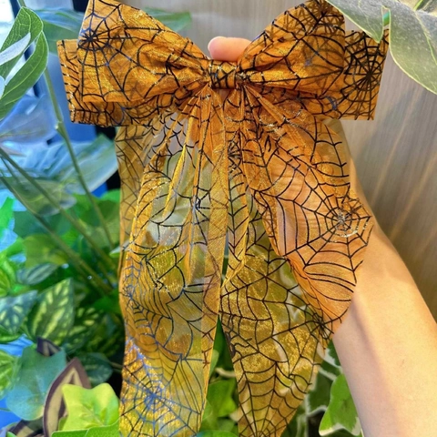 Punk Spinnennetz Druck Schleife Haarspange Halloween Orange Netzband Streamer Haarschmuck Für Damen Party Haardekor