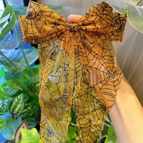 Punk Spinnennetz Druck Schleife Haarspange Halloween Orange Netzband Streamer Haarschmuck Für Damen Party Haardekor