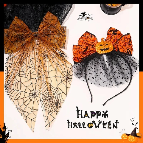 Halloween Orange Kürbis Spinnennetz Schleife Stirnband Netz Pünktchen Große Haarklammer Für Damen Party Kostüm Foto Requisiten