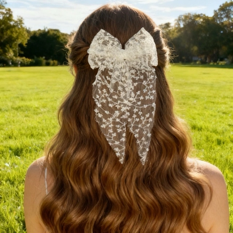 Elegante Fermaglio per Capelli con Fiocco in Pizzo e Lunghi Nastri Ricamo Floreale a Molla per Matrimonio Festa Accessori Capelli Fata