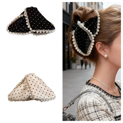 Pinza de Pelo con Lazo de Lunares Estilo Francés Elegante con Perlas Artificiales Pinza de Tiburón Grande para Mujer Accesorios de Moda