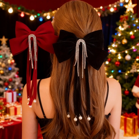 Grande Pince À Cheveux Nœud En Velours Pour Femmes Noël Gland En Strass Décoration De Künstliche Perles Accessoire Cheveux Mariage Fête