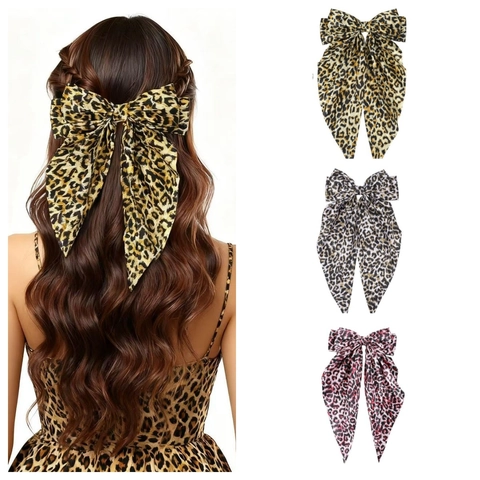 Übergroße Leopardenmuster Schleife Haarklammer Elegant Französischer Stil Lange Bänder Federclip Satin Stoff Damen Haarschmuck