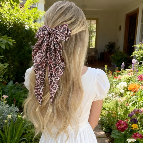 Übergroße Leopardenmuster Schleife Haarklammer Elegant Französischer Stil Lange Bänder Federclip Satin Stoff Damen Haarschmuck