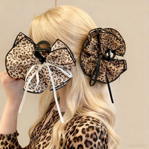 Pinza para el Pelo con Lazo de Leopardo Cinta de Tela Elegante Francés Doble Capa Pinza de Cangrejo Joyería para el Cabello