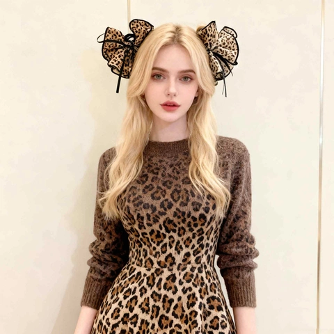 Pinza para el Pelo con Lazo de Leopardo Cinta de Tela Elegante Francés Doble Capa Pinza de Cangrejo Joyería para el Cabello