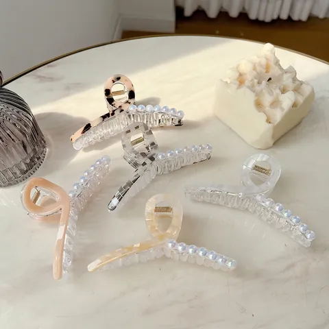 Vintage Acetat Große Haarkralle Für Damen Mit Künstlicher Perle Elegant Gittermuster Shark Clip Haarschmuck