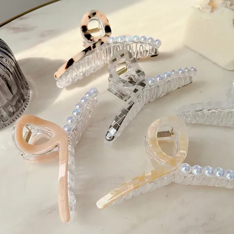 Vintage Acetat Große Haarkralle Für Damen Mit Künstlicher Perle Elegant Gittermuster Shark Clip Haarschmuck