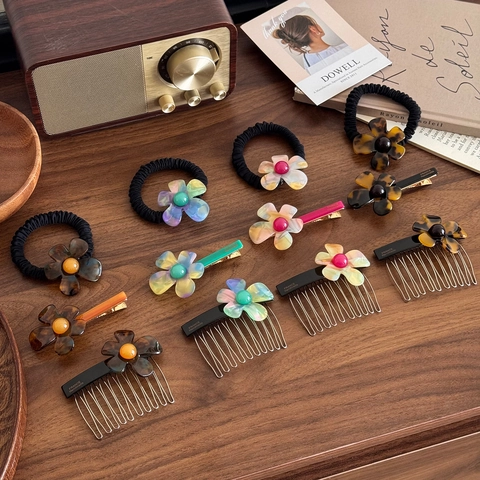Ensemble d'Accessoires pour Cheveux en Acétate Fleur Vintage Français Pince Écaille Ambre Irisée Élastique Peigne pour Femmes