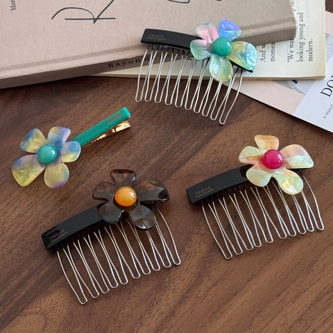 Ensemble d'Accessoires pour Cheveux en Acétate Fleur Vintage Français Pince Écaille Ambre Irisée Élastique Peigne pour Femmes