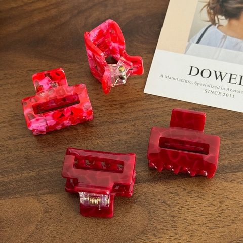 Set di Fermagli per Capelli in Acetato Rosso Vintage Francese Elastico in Raso Rosso Vino Motivo Marmorizzato per Donne Accessori Capodanno