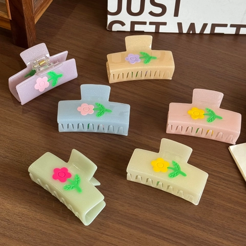 Sweet Floral Imitation Acetate Hair Claw Clip Cute Flower Square Shark Hair Clip Colorful Dopamine Hair Accessory For Women