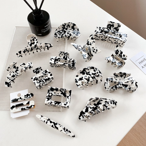 Set Di Mollette Per Capelli In Acetato Stile Coreano Con Stampa Muccata Bianco Nero Motivo Marmorizzato Accessori Per Capelli