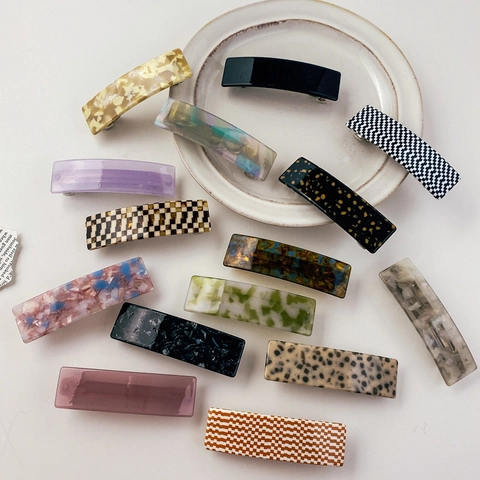 Vintage Acetate Rectangular Hair Clip For Women French Simple Checkered Marble Tortoiseshell Pattern Spring Clip Hair Accessory