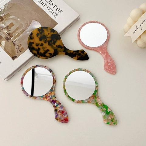 Specchio per Trucco Portatile in Acetato Tartarugato Coreano Vintage Specchio Cosmetico Rotondo Con Maniglia per Uso Quotidiano Donna