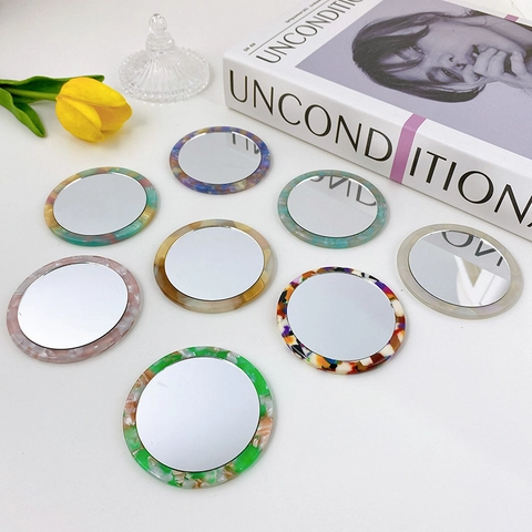 Miroir de Maquillage de Poche Rond Mini Portable Cadre Vintage en Acétate de Cellulose Texture Marbre Floral Miroir pour Femmes
