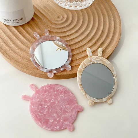 Mini Specchio da Trucco Portatile Carino Orecchie di Animali Specchio da Tasca in Acetato Motivo Marmo Floreale Specchio Rotondo per Donna