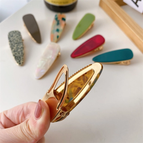 Elegantes Pinzas para el Cabello de Pico de Pato de Acetato en Forma de Gota de Agua para Mujer Leopardo Vintage Color Gelatina Pinzas Laterales Accesorios para el Cabello de Metal Dorado