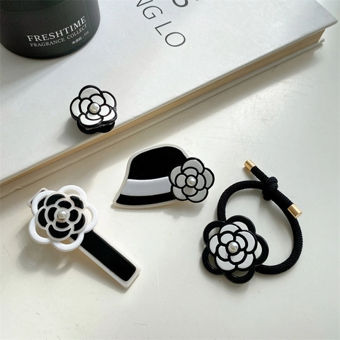 Franse Stijl Camellia Haaraccessoires Set Acetaat Bloemen Zijclip Elegante Veer Haarklem Elastische Haarband Handheld Make-up Spiegel Voor Vrouwen Decoratie