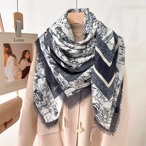 Vintage Toile De Jouy Print Large Square Scarf For Women Polyester Fringed Edge Shawl Elegant Floral Architecture Sun Wrap