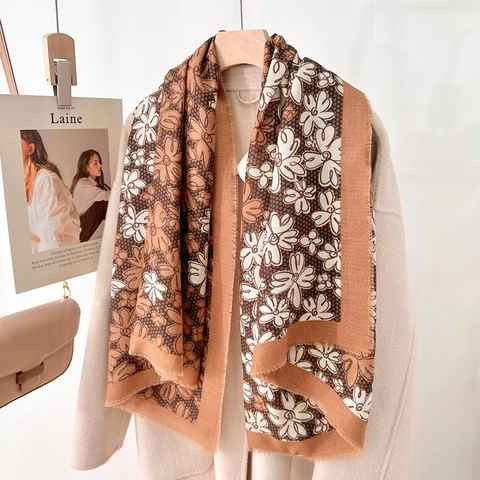 Dames Vintage Bloemenprint Grote Vierkante Sjaal Elegante Polyester Sjaal Met Gerafelde Rand Lichtgewicht Mode Dagelijks