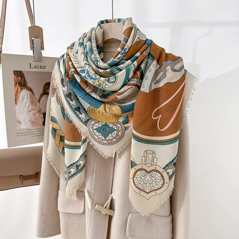 Carré de Satin Élégant Surdimensionné Mélange Laine Mercerisée Polyester Imprimé Cheval Cœur Châle À Franges Pour Femmes