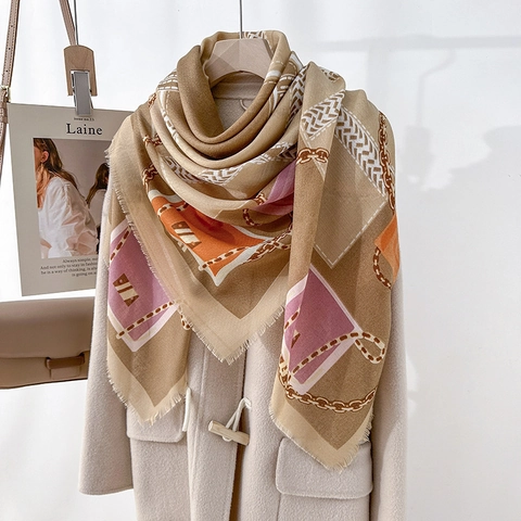 Women Vintage Chain Print Large Square Scarf Polyester Elegant Fringed Shawl Fashion Bag Pattern Warm Wrap Scarf For Spring Autumn