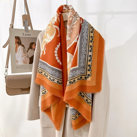 Vintage Ethnic Printed Square Scarf For Women Polyester Large Shawl With Fringe Horse Carriage Baroque Paisley Wrap