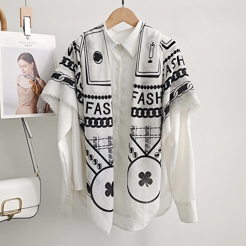 Fashion Women Polyester Square Scarf Geometric Chain Letter Printed Large Shawl Chic Versatile Wrap For Daily Travel