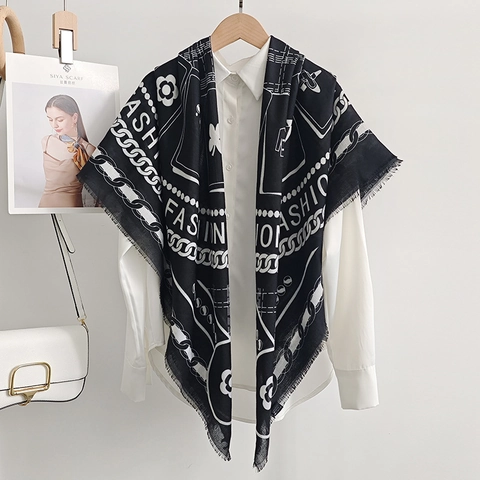 Fashion Women Polyester Square Scarf Geometric Chain Letter Printed Large Shawl Chic Versatile Wrap For Daily Travel
