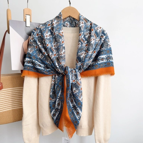Carré de Soie Vintage Motif Chardon pour Femmes Polyester Imprimé Franges Grand Châle Élégante Écharpe d'Hiver Chaude Accessoire
