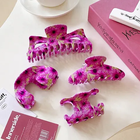 Pinza per Capelli Vintage Francese in PVC Floreale Rosa Viola Fiore Verniciato Accessori per Capelli da Donna Gioielli
