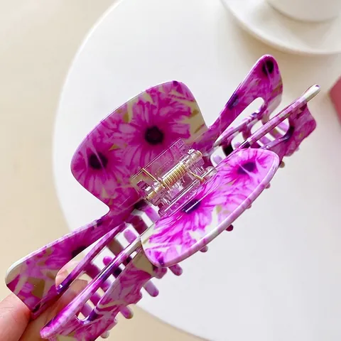 Pinza per Capelli Vintage Francese in PVC Floreale Rosa Viola Fiore Verniciato Accessori per Capelli da Donna Gioielli