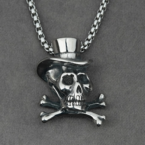 Gothic Punk Top Hat Skull Crossbone Pendant Necklace For Men Titanium Steel Retro Biker Hip Hop Rock Streetwear Jewelry Gift