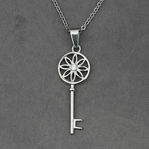 Collana con Ciondolo a Chiave in Acciaio Inossidabile Argento Cavo Fiore Strass Collana a Chiave per Donna Uomo Gioielli di Moda