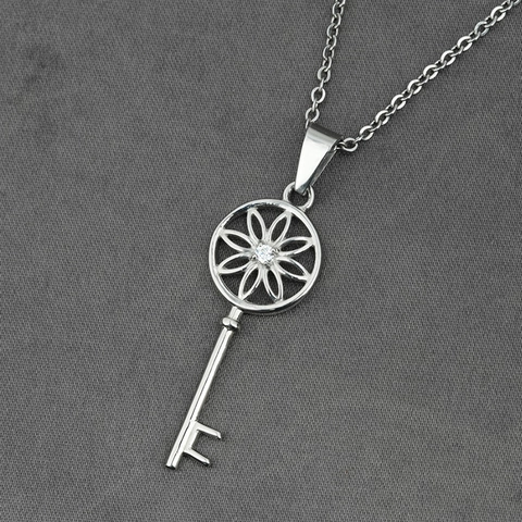 Collana con Ciondolo a Chiave in Acciaio Inossidabile Argento Cavo Fiore Strass Collana a Chiave per Donna Uomo Gioielli di Moda