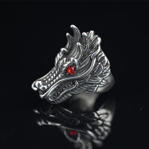 Vintage Punk Dragon Head Ring For Men Stainless Steel Antique Silver Red Rhinestone Eye Domineering Gothic Biker Ring Jewelry