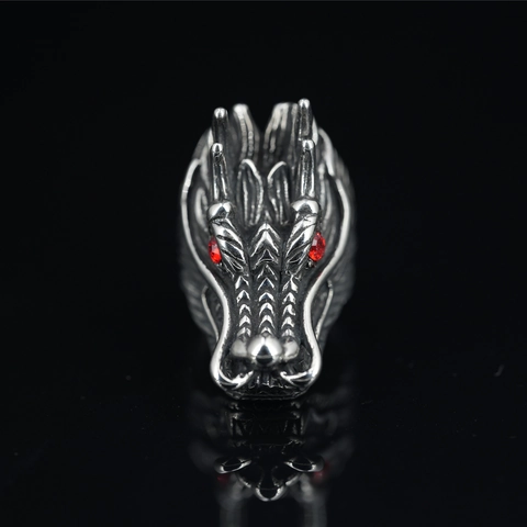 Vintage Punk Dragon Head Ring For Men Stainless Steel Antique Silver Red Rhinestone Eye Domineering Gothic Biker Ring Jewelry