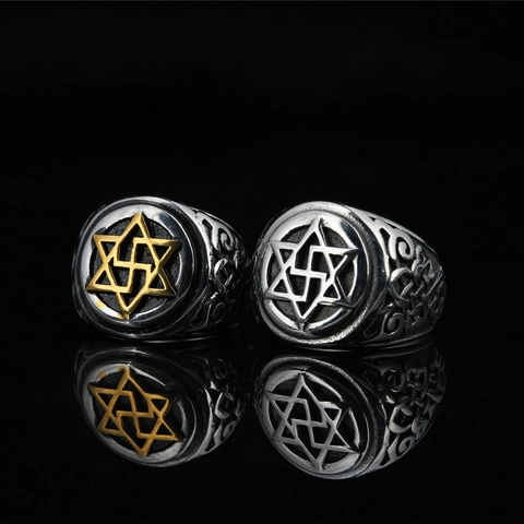 Anello Uomo Retro in Acciaio al Titanio con Stella Esagramma Vintage Barocco Simbolo Intagliato Hip Hop Punk Gioielli Religiosi